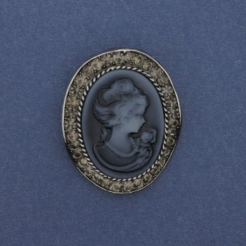 Broche camafeo «Dama» con strass, metal plateado, 43×38 mm +
